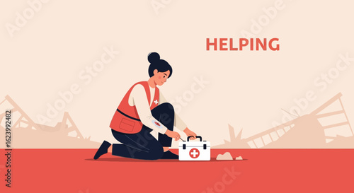 Medical Assistance Volunteer Providing First Aid After A Natural Disaster