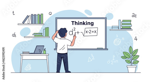 Puzzled Student Trying To Solve Math Problem On A Whiteboard In Class
