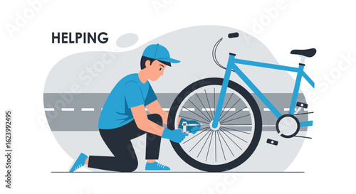 Mechanic Repairing Bicycle On Roadside Offering Assistance And Support