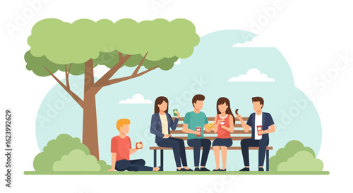 Relaxed Gathering Of Young Friends Enjoying Outdoors Time In A City Park
