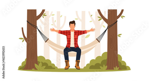 Relaxed Man Enjoying Hammock Time In Nature Escape At Tranquil Forest Glade
