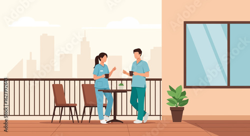 Medical Professionals Taking Coffee Break On Rooftop Terrace In Cityscape