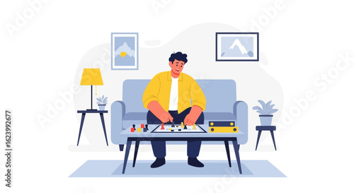 Relaxing Afternoon: Man Enjoying Strategy Board Game at Home On The Sofa
