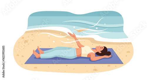Meditative Beach Serenity Woman Relaxing By Ocean Waves In Yoga Pose