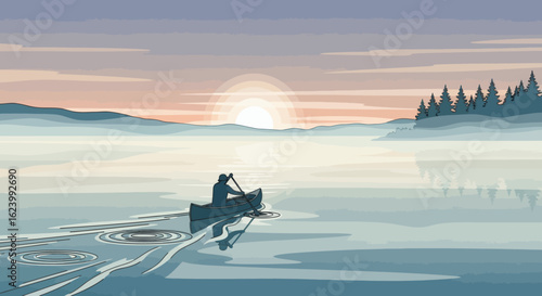 Canoeist on lake during a muted sunrise calm water with rings around boat