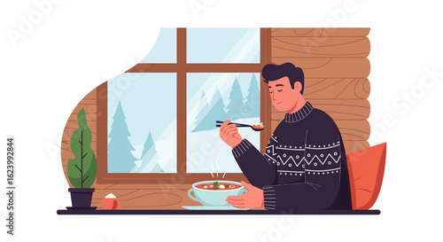 Relaxing Winter Time: Man Enjoying Hot Soup At Cozy Wooden Cabin