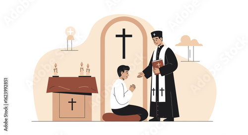 Religious Ceremony In Church, Priest Blessing The Parishioner Vector Illustration
