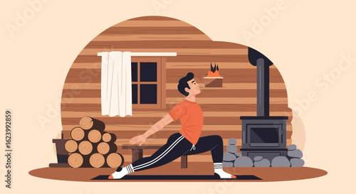 Relaxing Yoga Retreat Inside Cozy Cabin with Fireplace and Wooden Interior