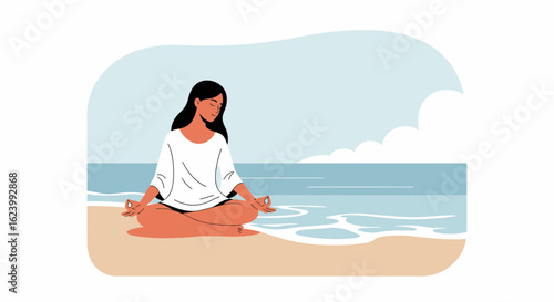 Mindful Woman Practices Meditation At The Beach During Peaceful Morning Time
