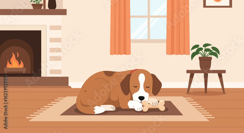 Restful Dog Napping Near Fireplace In Cozy Interior Home Illustration