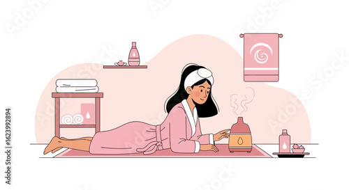 Relaxing Spa Day At Home Woman Doing Aromatherapy Treatment Illustration