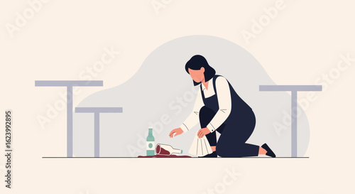 Restaurant Mishap Young Server Cleaning Spilled Drink With Cloth