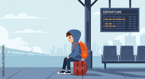 Missed Train A Sad Teenager Sitting On His Suitcase At The Station Platform