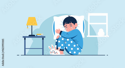 Sad Boy Crying Alone Feeling Upset In Bedroom With Bunny Slippers
