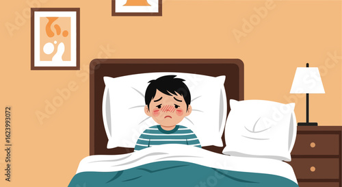 Sad Boy In Bedroom Sick With Flu Lying In Bed At Home