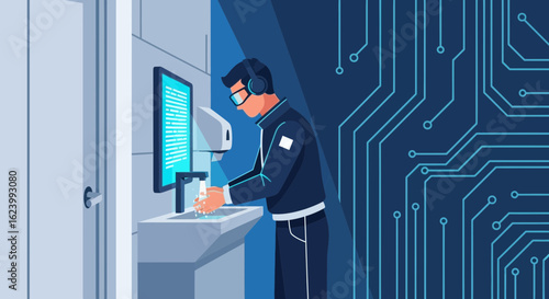 Modern Workplace Hygiene A Cyber Professional Washing Hands In A Futuristic Environment