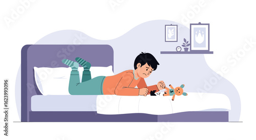 Sad Boy Repairing His Plush Toy While Lying on the Bed in the Bedroom