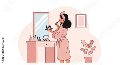 Morning Routine A Woman Applying Lipstick at Her Vanity Table Illustration