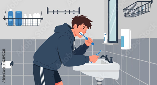 Morning Routine Illustration Depicting A Young Man Brushing His Teeth In The Bathroom