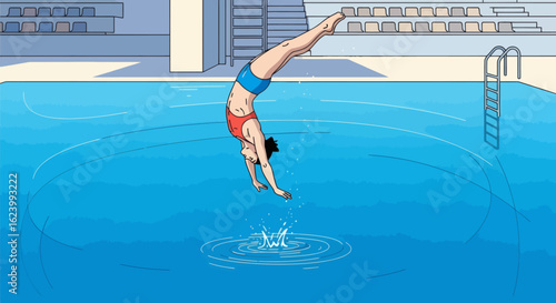 Diver in midair entering blue pool splash below background seating