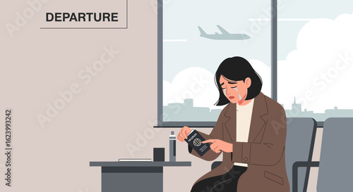 Sad Woman With Passport at Departure Lounge Reflecting on Travel Plans