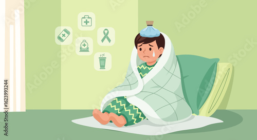 Sad Young Boy Suffering Flu Wrapped In Blanket At Home Resting On Bed