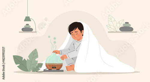 Sad Young Boy Using Aroma Diffuser Wrapped In A Blanket For Comfort