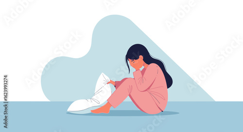 Sad Young Woman Hugging Pillow Suffering Stress And Depression Illustration