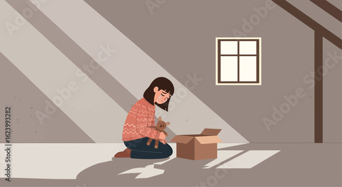 Sad Young Woman With Stuffed Animal And Cardboard Box In Empty Room