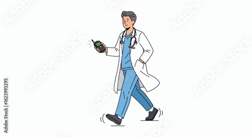 Doctor strides holding a walkietalkie in scrubs and white coat