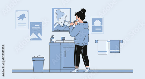 Morning Routine Woman Brushing Teeth In The Bathroom, Vector Illustration