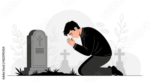 Mourning Loss A Man Prays At Graveside In Monochrome Illustration