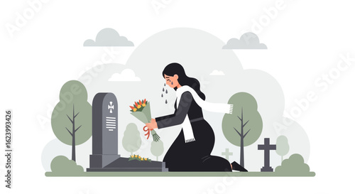 Mourning Woman Kneeling Beside a Grave with Flowers in Cemetery