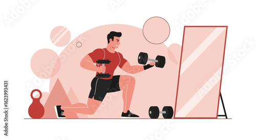 Muscular Athlete Lifting Dumbbells During Lunge Exercise at Home Gym