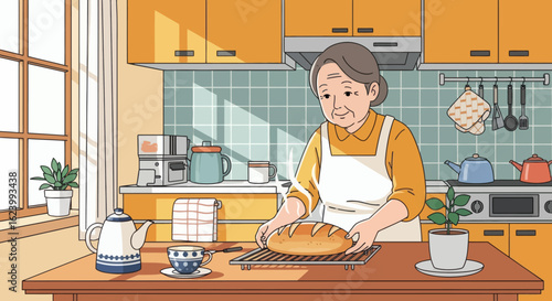 Elderly woman in kitchen holds fresh bread appliances plants  hanging utensils are visible
