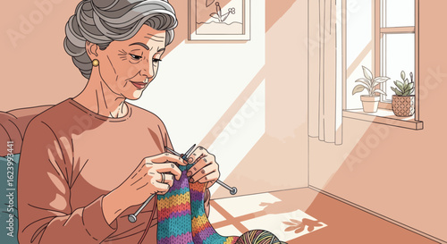 Elderly woman knits colorful sock by window light indoor setting