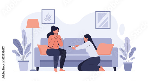 Nervous Woman Awaits Pregnancy Test Result with Friend Support at Home
