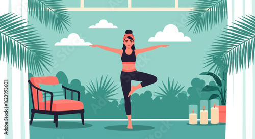 Serene Balance Practicing Yoga Tree Pose In Calm Home Environment