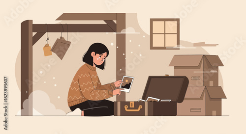 Sentimental Memories Unpacked Sad Woman Looking Old Photos From Suitcase