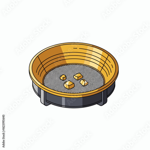 Gold pan filled with gold nuggets sitting on a surface