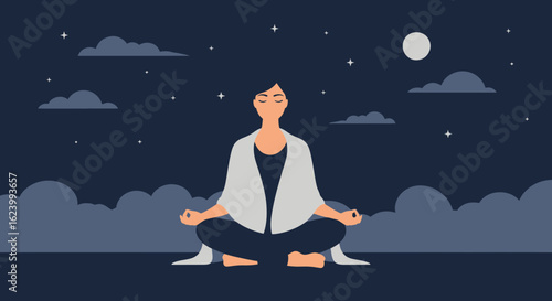 Serene Night Meditation Female Silhouette Under The Moonlight Stars