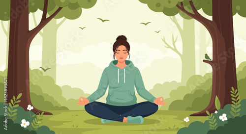 Serene Woman Meditating In Forest Clearing Achieving Mindfulness Practice