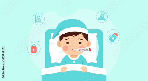Sick Child In Bed With Thermometer Flat Design Illustration Graphic