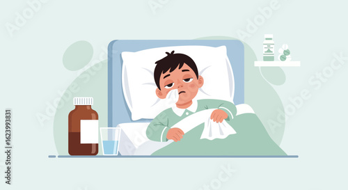 Sick Child Lying In Bed With A Cold Or Flu In Need Of Care