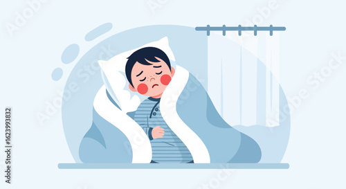 Sick Child Sleeping Under Blanket With Red Cheeks And Fever Symptoms