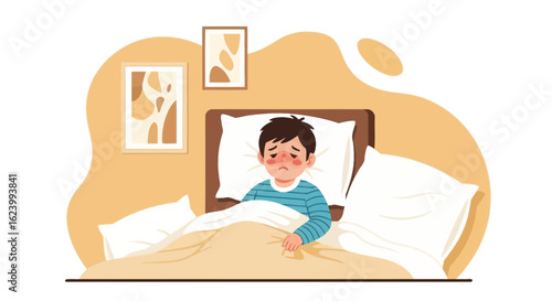 Sick Child Resting In Bed Illustration For Healthcare Concept Design