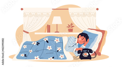 Sleepless Night Call Anxious Man Talking On Phone In Bed At Home