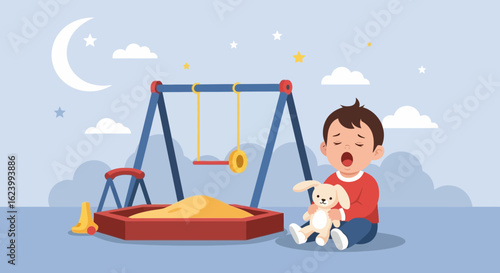 Sleepy Time At The Playground Boy Yawning With His Plush Toy At Night