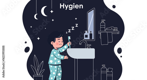 Sleepy Kid Brushing His Teeth In The Evening Hygiene Routine