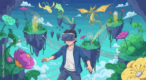 Man in VR headset explores floating islands with flowers creatures connected by cables